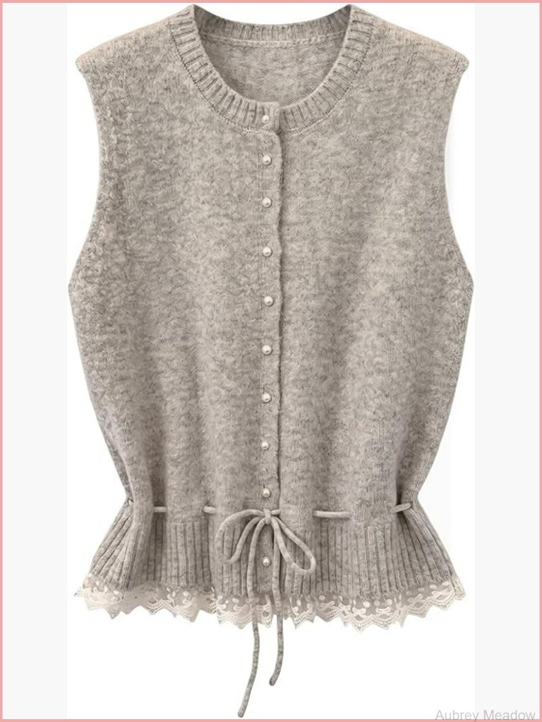 Lace Trim Tie Front Sleeveless Sweater Vest Cardigan Top